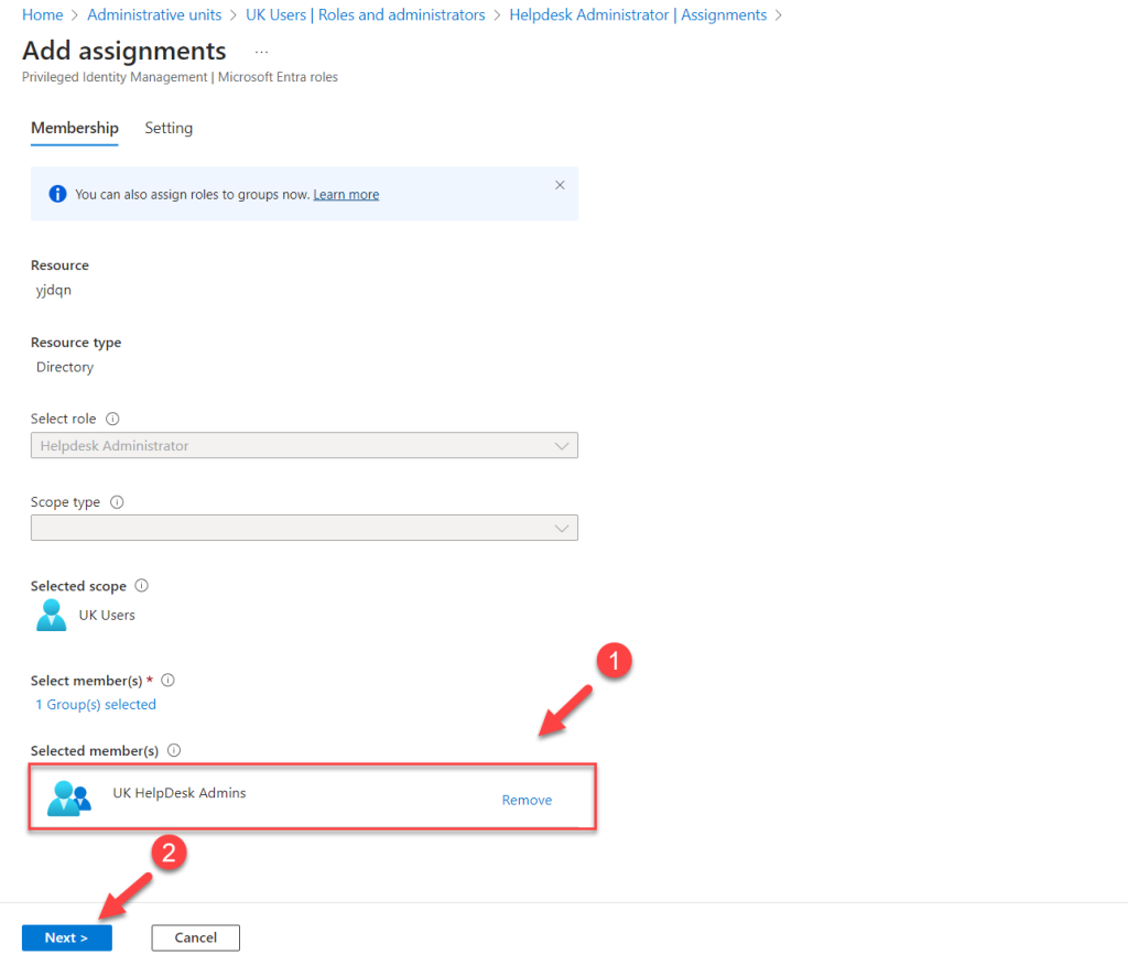 add privileged access group to the assignment scope