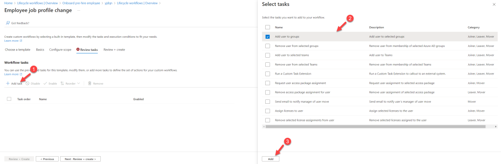 Entra ID lifecycle workflow task selection