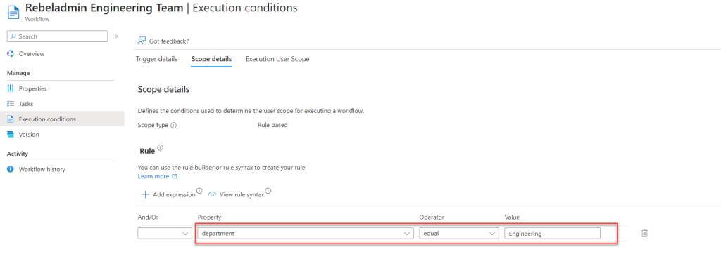 Entra ID lifecycle workflow execution condition